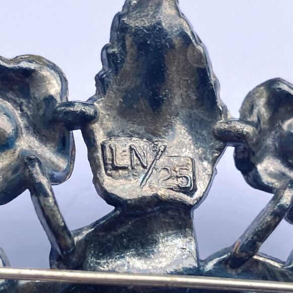 Vintage Mid Century Signed Little Nemo Floral Brooch Blue Rhinestone Flower Leaf - Picture 9 of 10